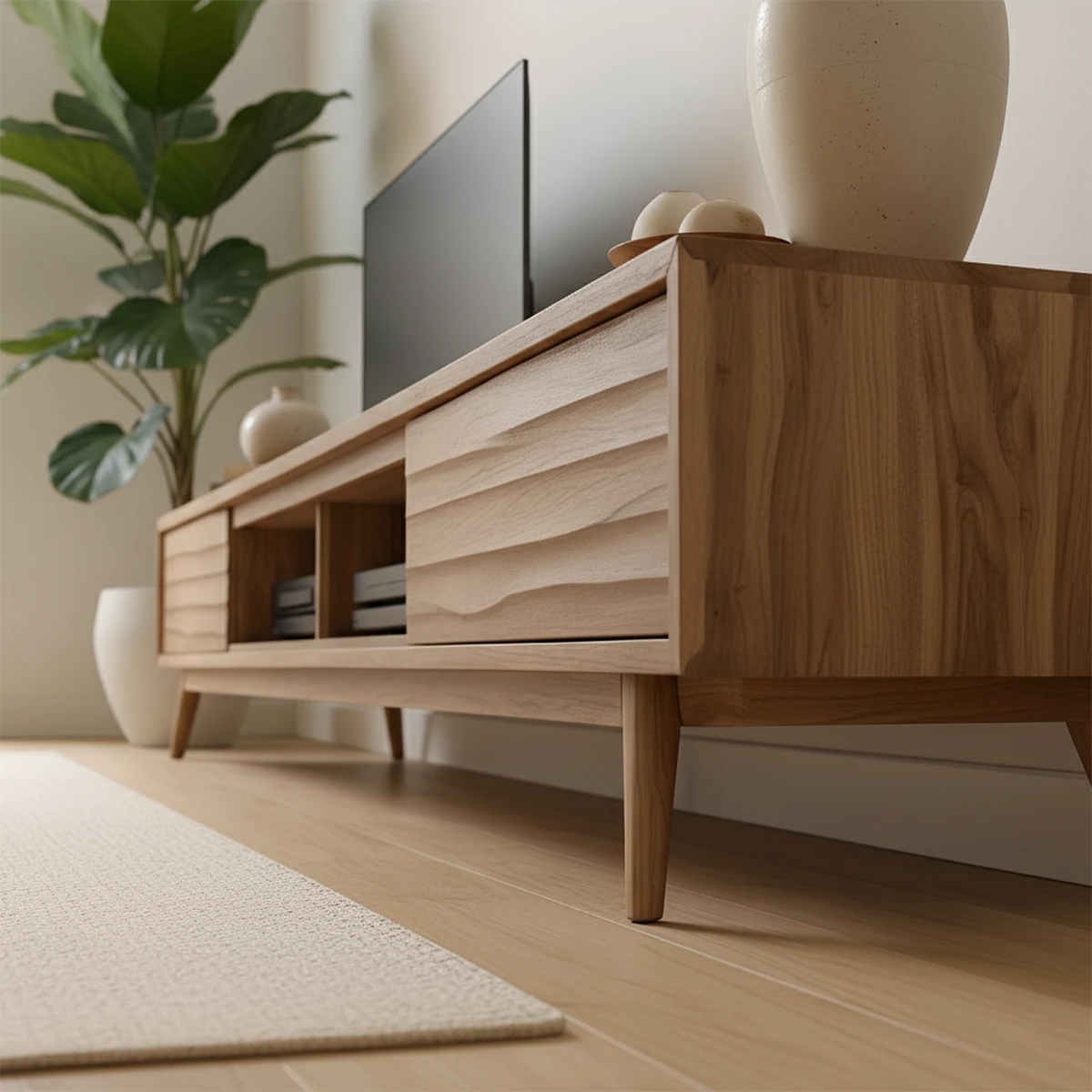 Slatted Solid Wood TV Stand – Japandi Minimalist Console