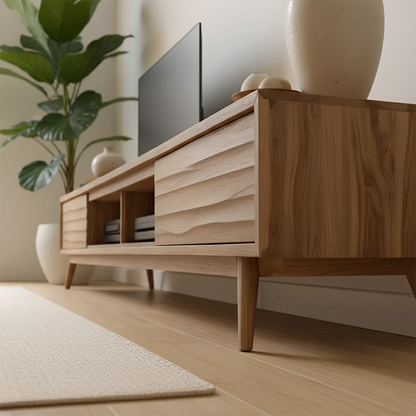 Slatted Solid Wood TV Stand – Japandi Minimalist Console