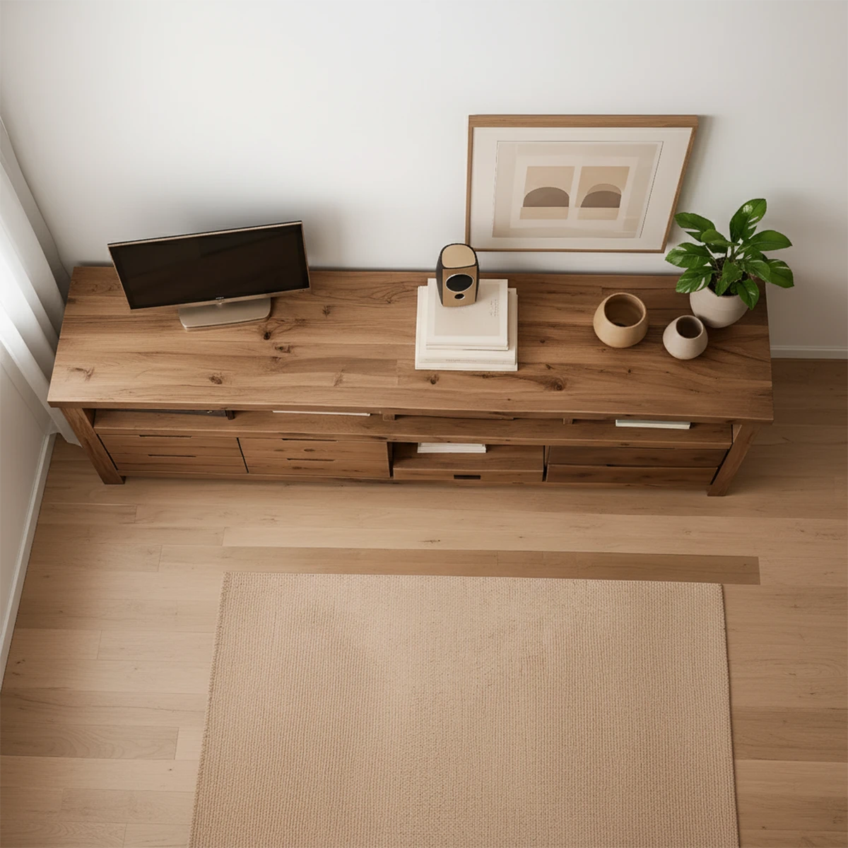 Rustic Solid Wood TV Stand – Japandi Farmhouse Console