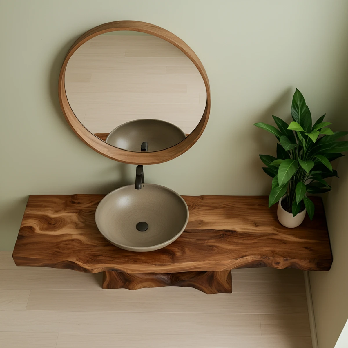 Sculptural Live Edge Solid Wood Vanity – Organic Japandi Bathroom Console
