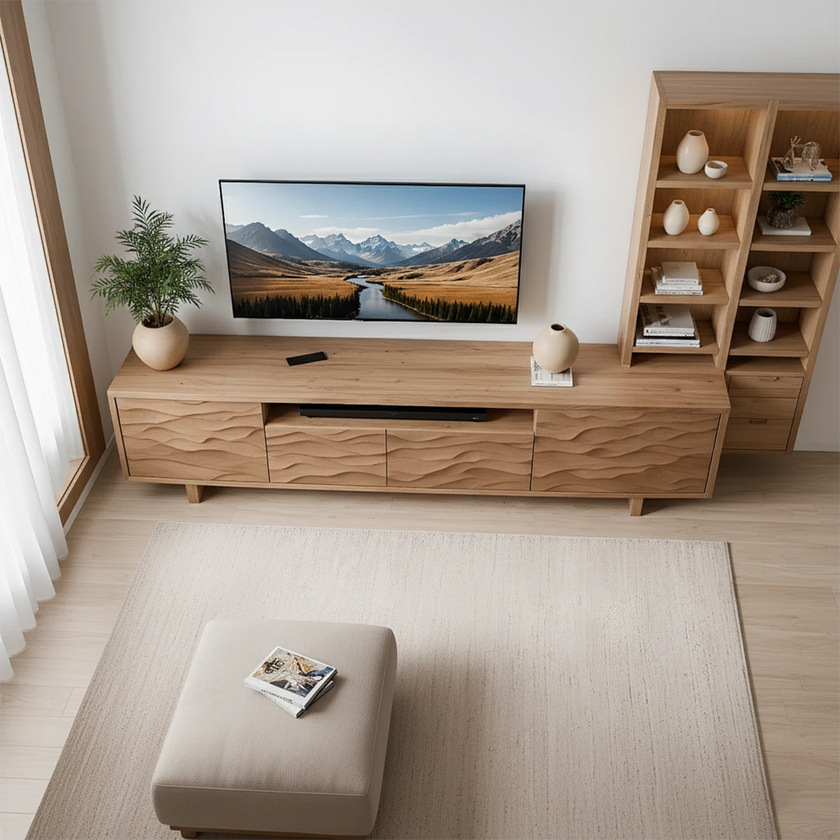 Wave Pattern Solid Wood TV Stand – Handcrafted Organic Modern Console