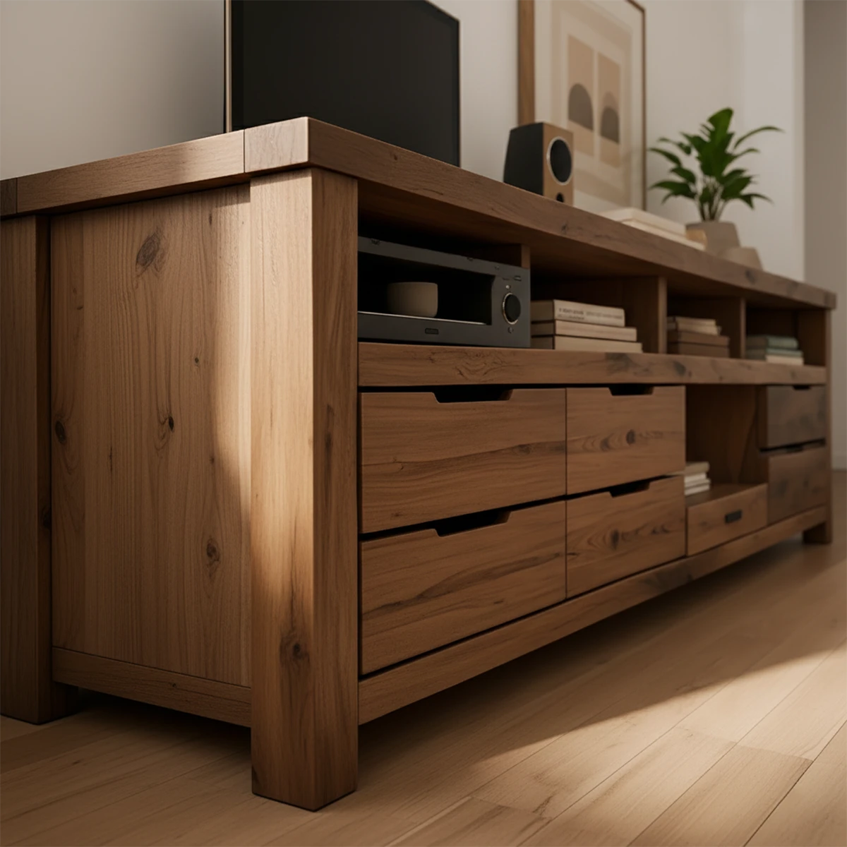 Rustic Solid Wood TV Stand – Japandi Farmhouse Console