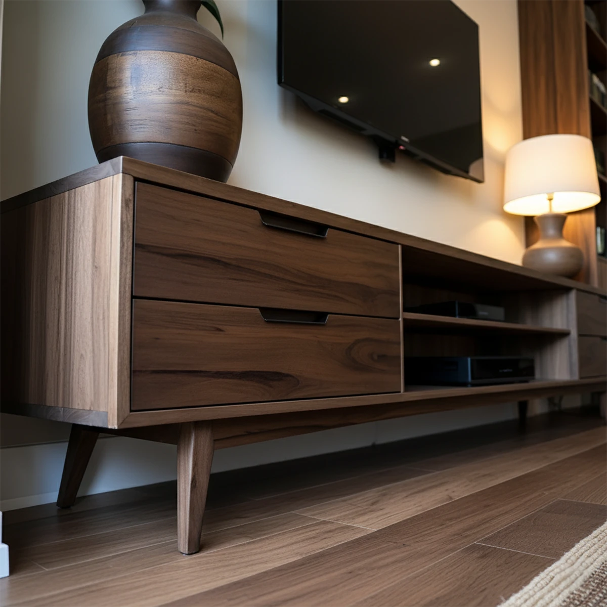 Walnut Solid Wood TV Stand – Mid-Century Japandi Console