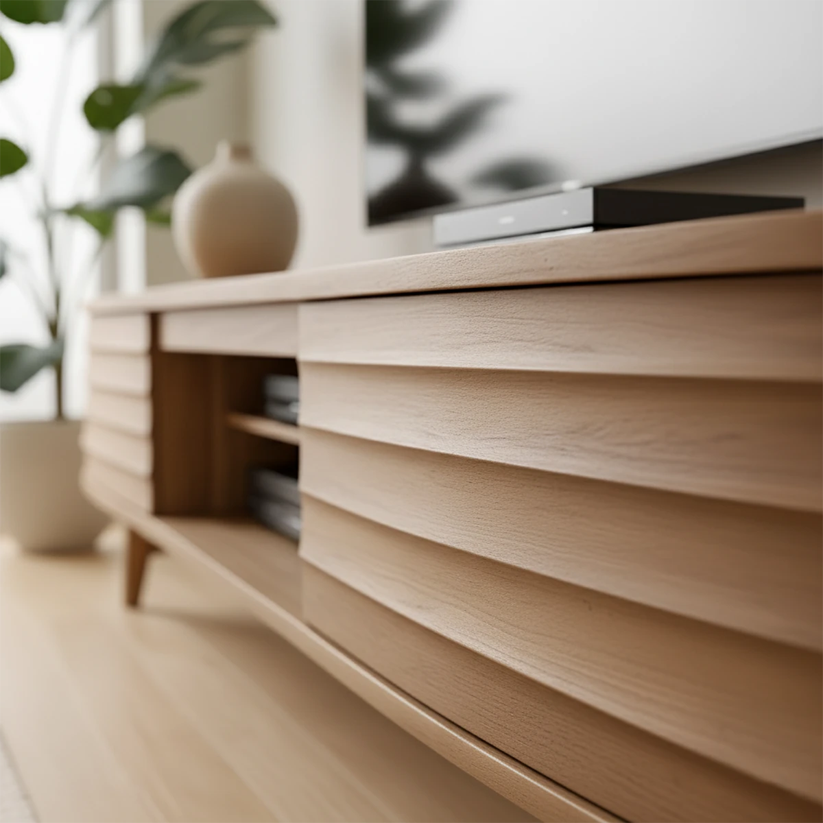 Fluted Solid Wood TV Stand – Scandinavian Japandi Console