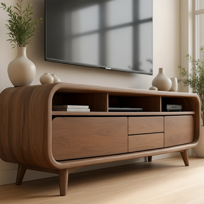 Rounded Leg Solid Wood TV Stand – Japandi Modern Console