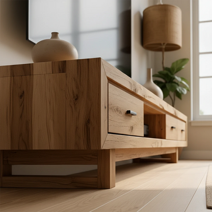 Rustic Beam Solid Wood TV Stand – Handcrafted Japandi Console