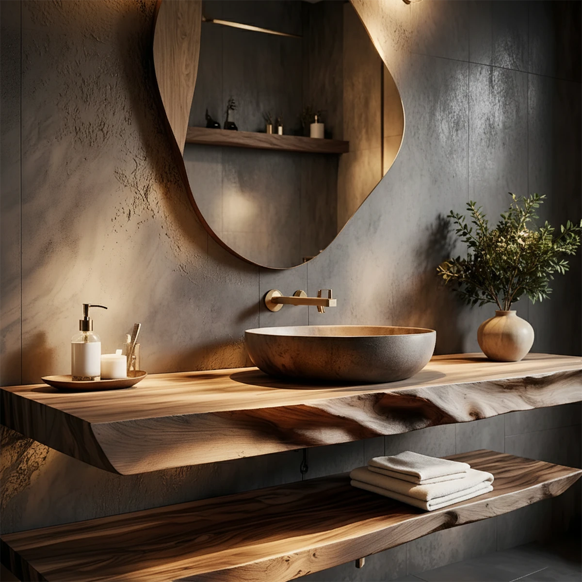 Handcrafted Solid Wood Floating Bathroom Vanity Shelf with Live Edge