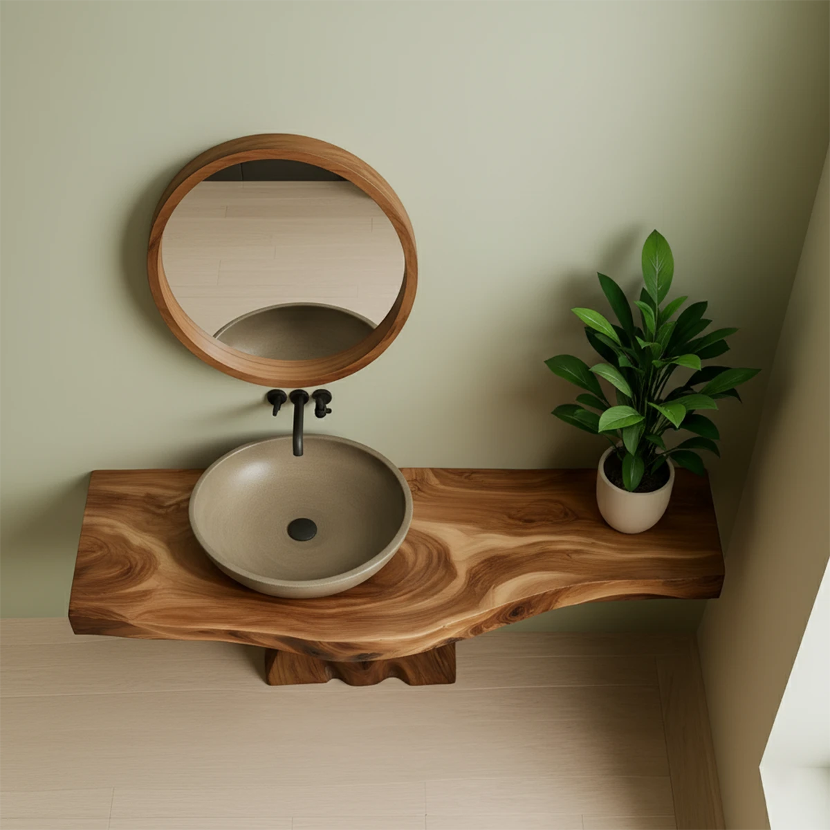 Floating Live Edge Solid Wood Vanity – Handcarved Japandi Console