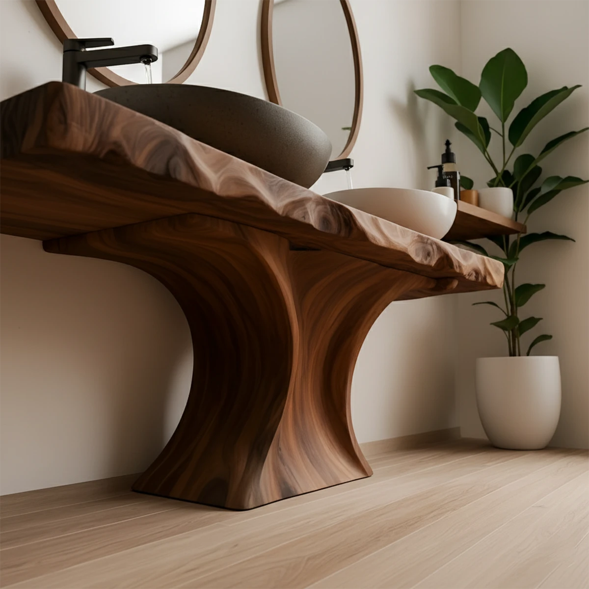 Double Basin Live Edge Solid Wood Vanity – Handcrafted Japandi Elegance