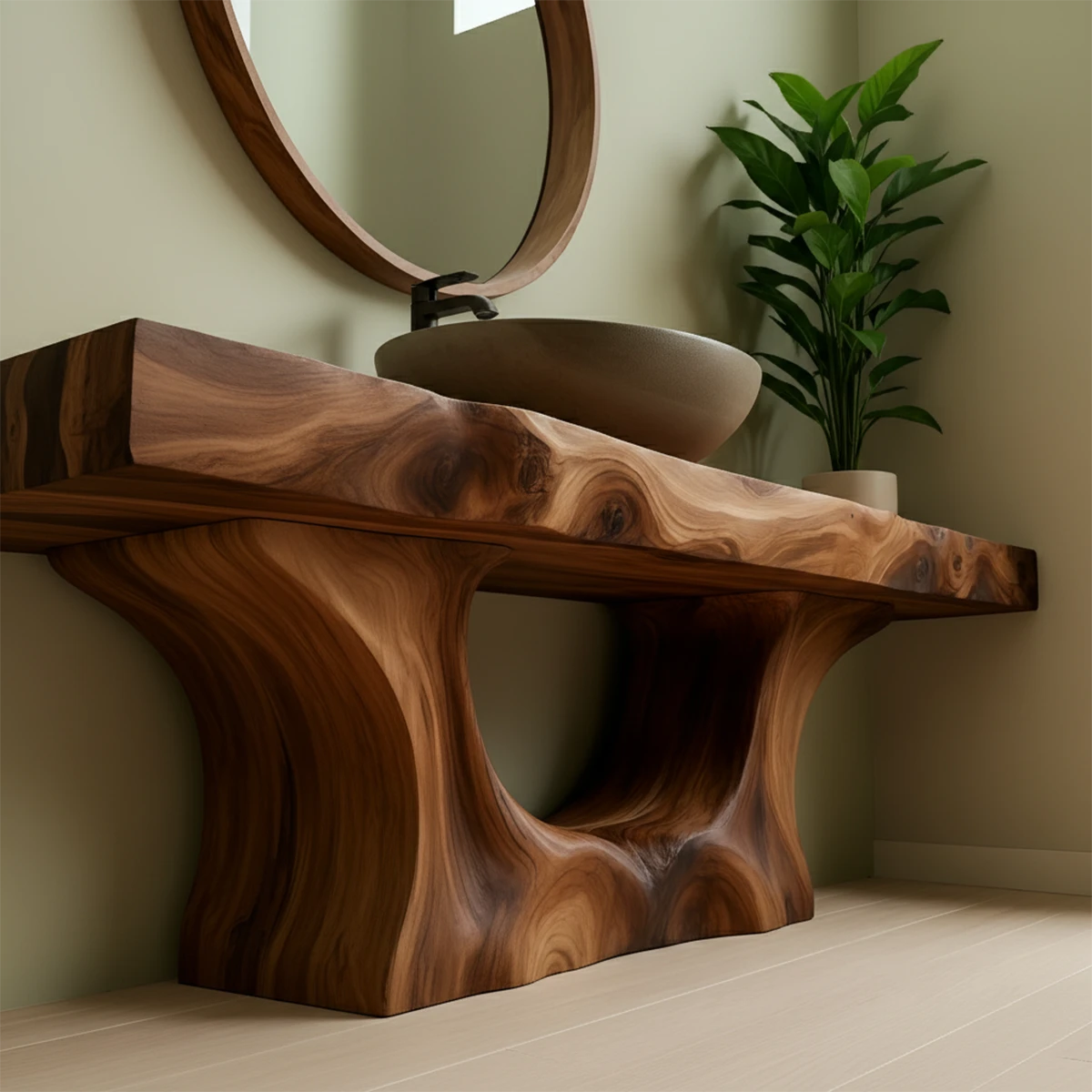 Sculptural Live Edge Solid Wood Vanity – Organic Japandi Bathroom Console