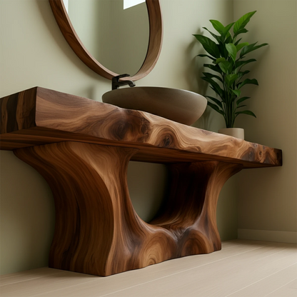 Sculptural Live Edge Solid Wood Vanity – Organic Japandi Bathroom Console