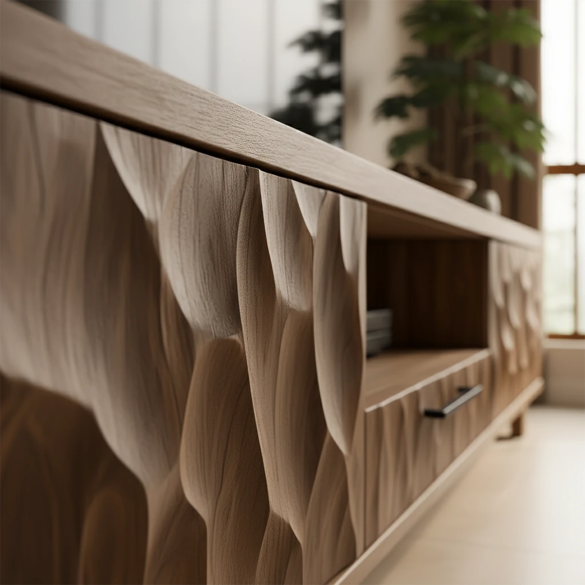 Carved Solid Wood TV Stand – Japandi Organic Sculptural Console