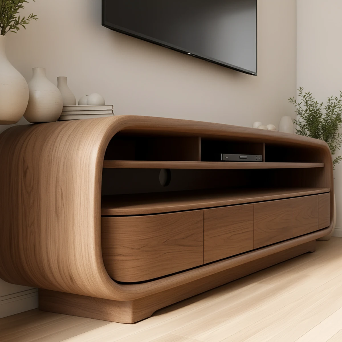 Rounded Edge Solid Wood TV Stand – Japandi Organic Modern
