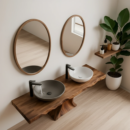 Double Basin Live Edge Solid Wood Vanity – Handcrafted Japandi Elegance
