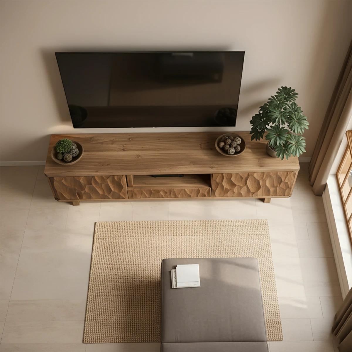 Carved Solid Wood TV Stand – Japandi Organic Sculptural Console