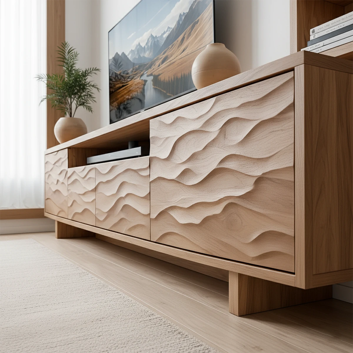 Wave Pattern Solid Wood TV Stand – Handcrafted Organic Modern Console