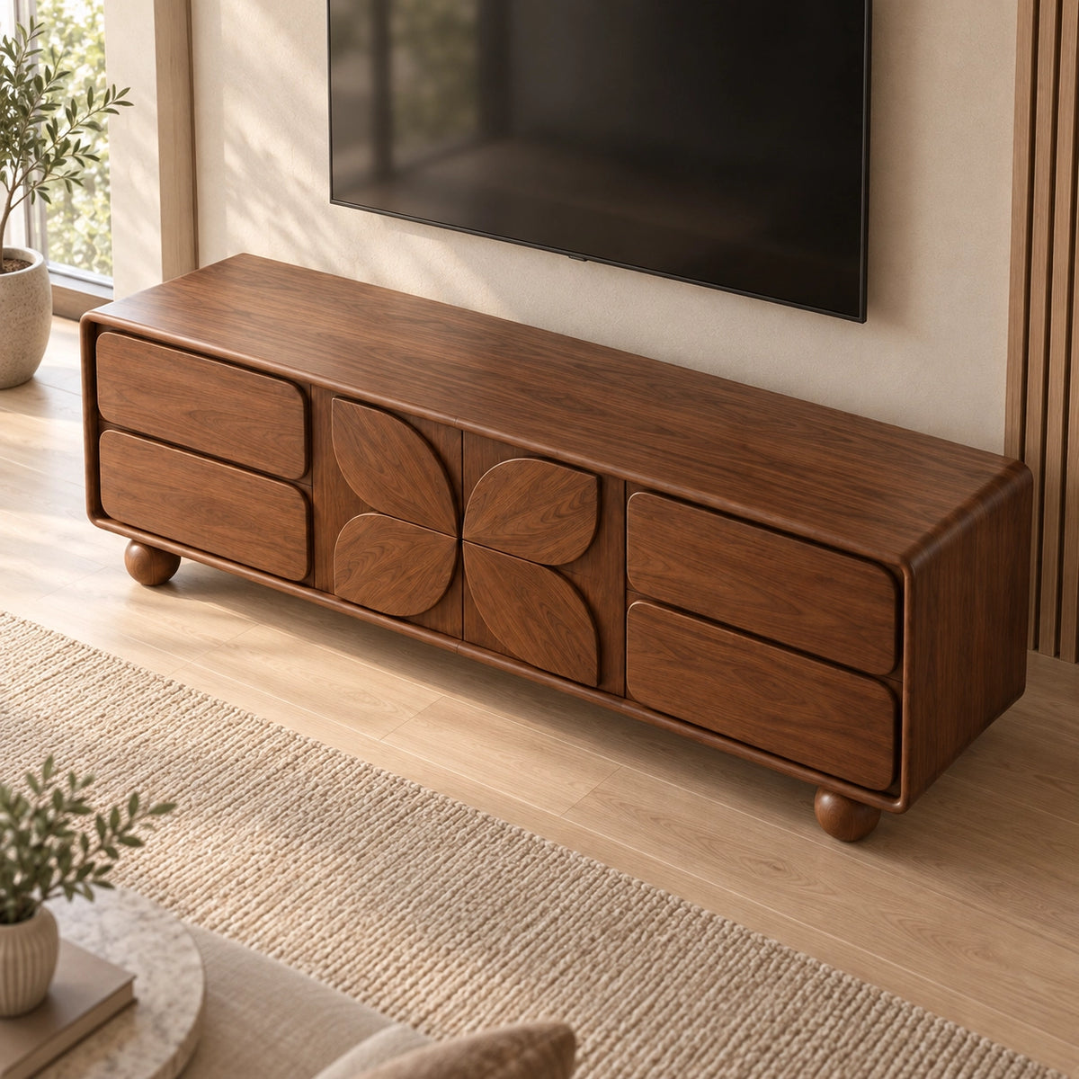 Geometric TV Stand with Leaf-Carved Doors in Natural Solid Wood for Six Sizes - Rustiracraft