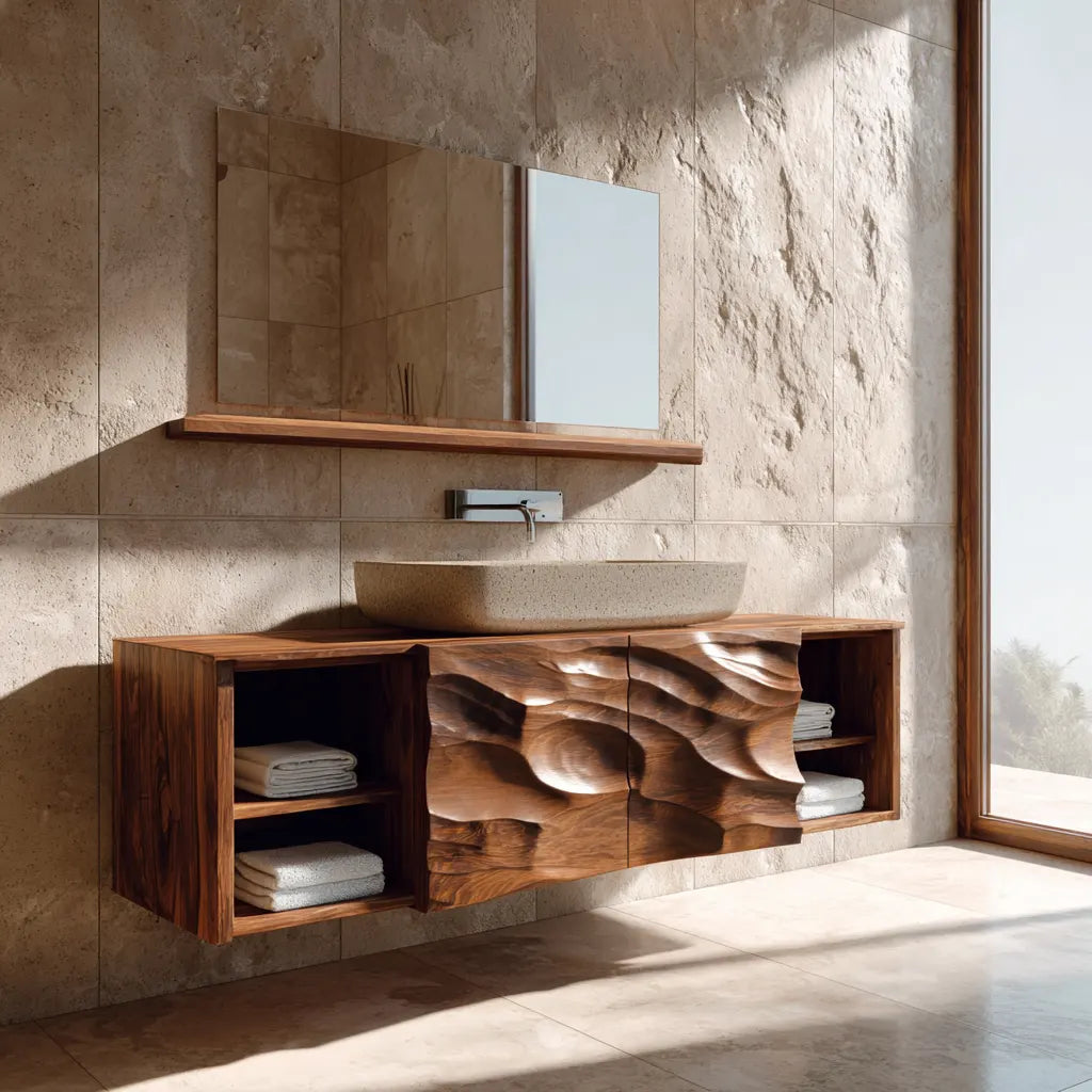 Hand Carved Natural Solid Wood Traditional Bathroom Vanity Cabinet - Rustiracraft 