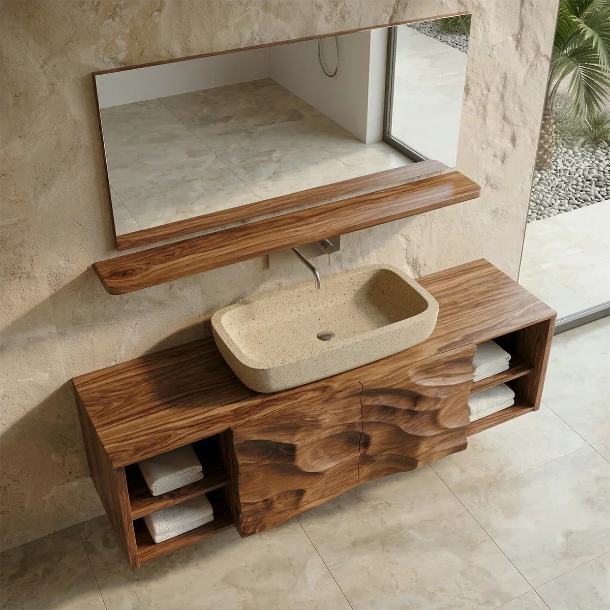 Hand Carved Natural Solid Wood Traditional Bathroom Vanity Cabinet - Rustiracraft 