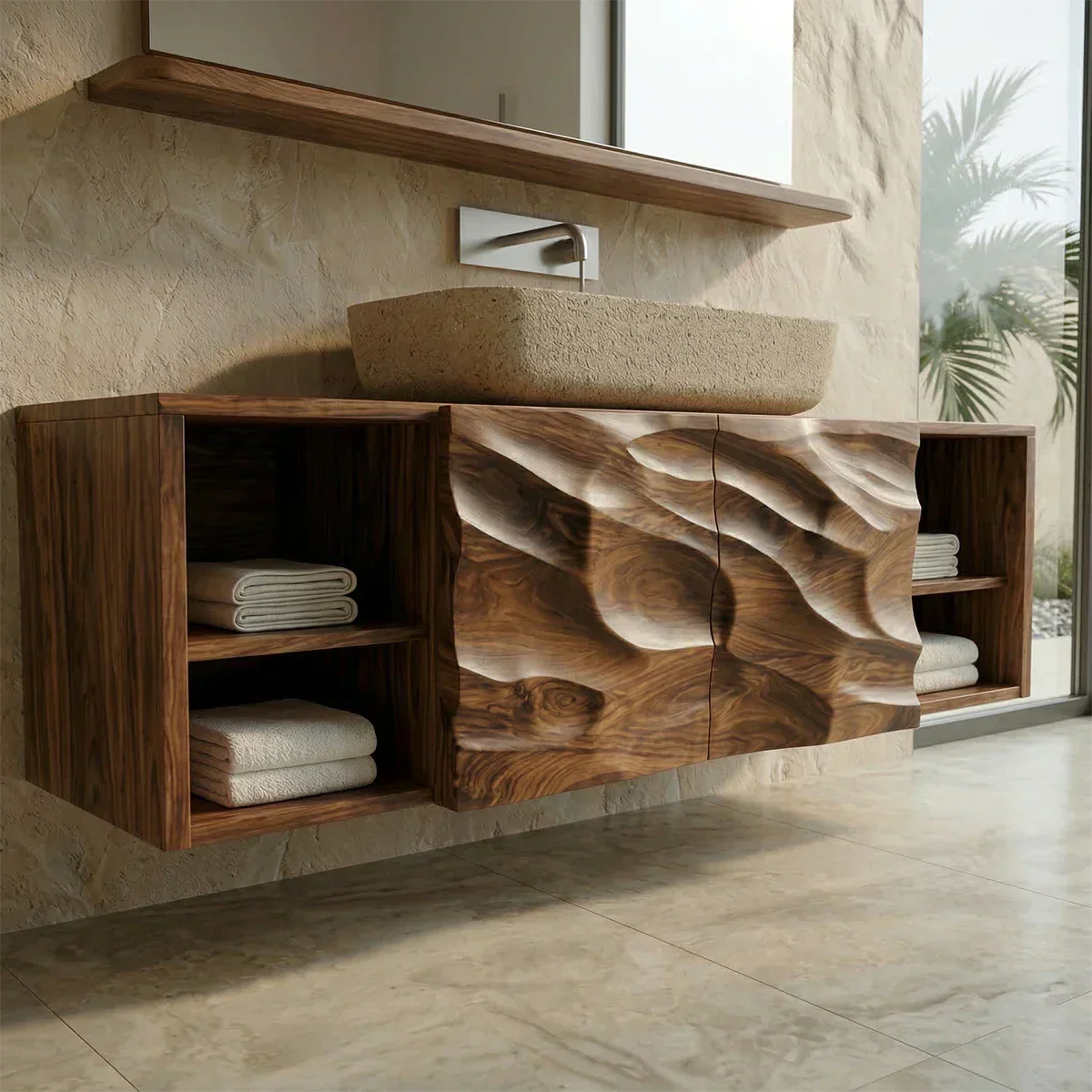 Hand Carved Natural Solid Wood Traditional Bathroom Vanity Cabinet - Rustiracraft 