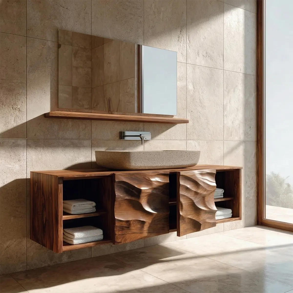 Hand Carved Natural Solid Wood Traditional Bathroom Vanity Cabinet - Rustiracraft 