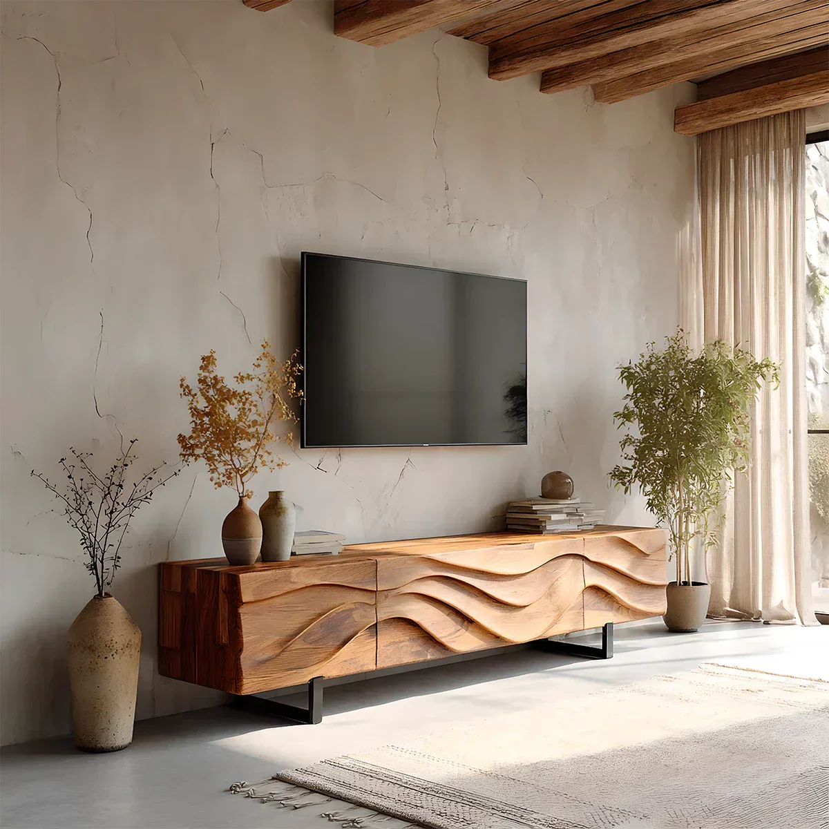 Hand-Carved Wave Wood TV Stand — Golden Drift Edition - Rustiracraft 