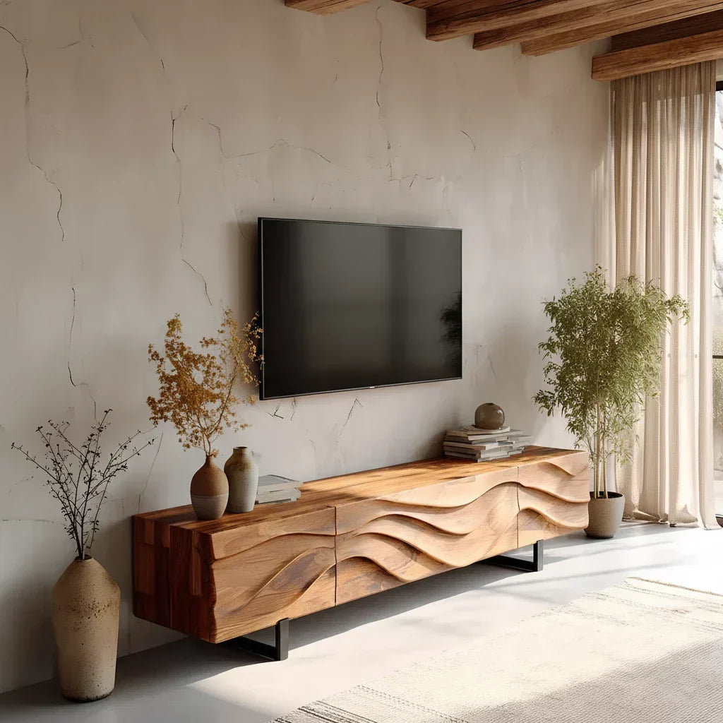 Hand-Carved Wave Wood TV Stand — Golden Drift Edition - Rustiracraft 