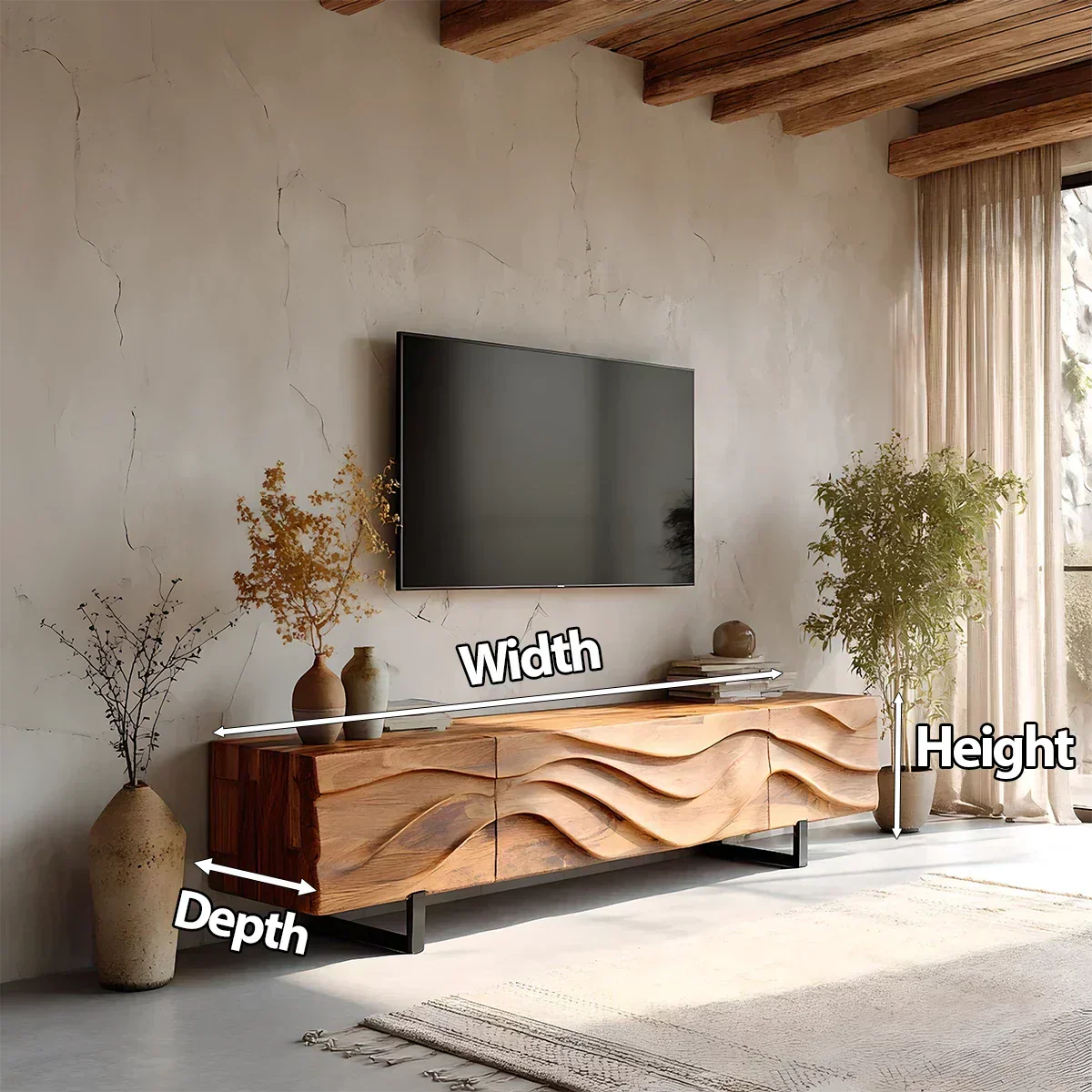 Hand-Carved Wave Wood TV Stand — Golden Drift Edition - Rustiracraft 