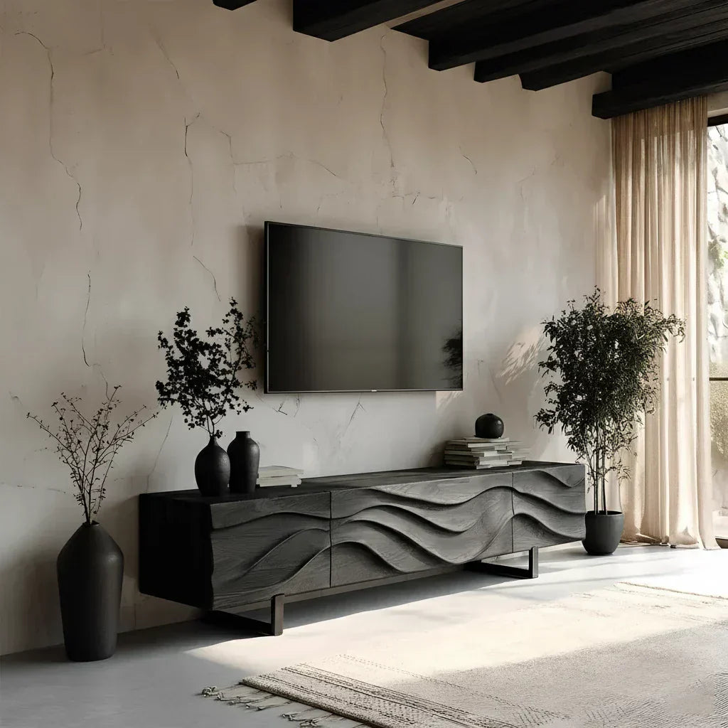 Hand-Carved Wave Wood TV Stand — Golden Drift Edition - Rustiracraft 