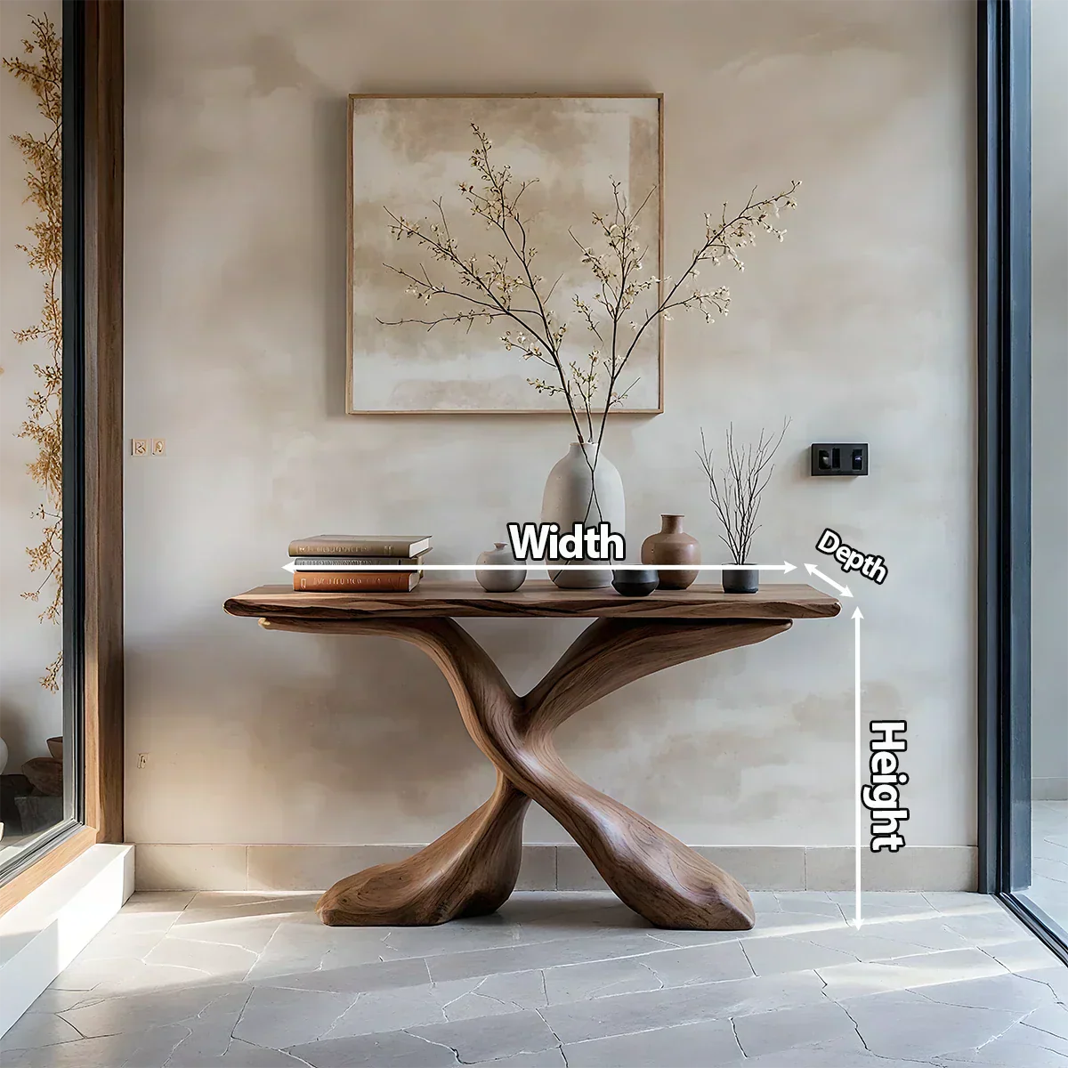 Hand-Carved X-Base Solid Wood Console Table — Organic Modern Art Furniture - Rustiracraft 