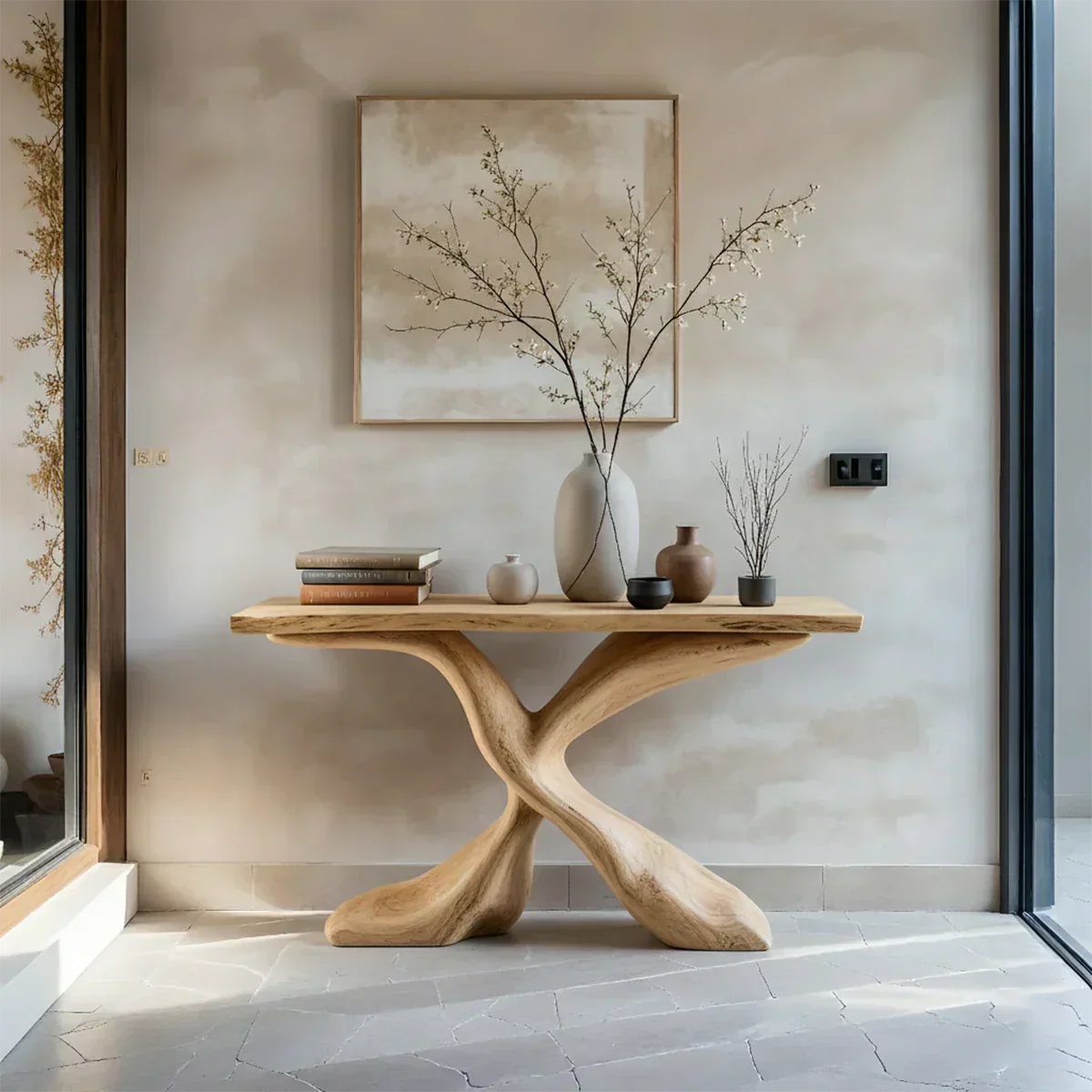 Hand-Carved X-Base Solid Wood Console Table — Organic Modern Art Furniture - Rustiracraft 