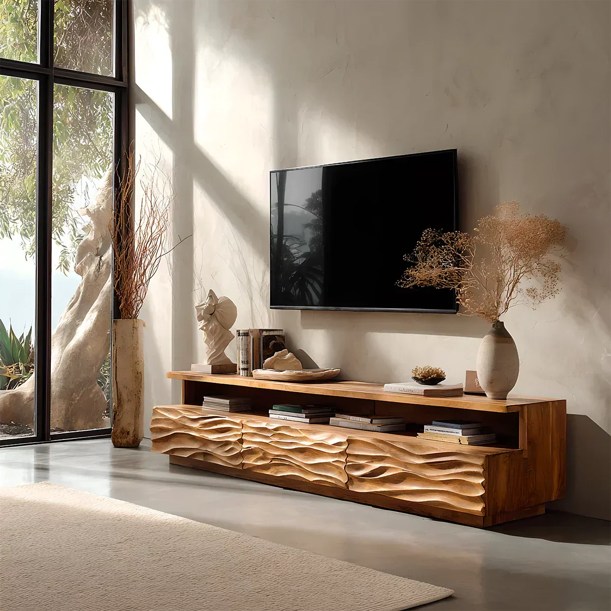 Hand-Sculpted Organic Wave Wood TV Stand — Natural Sunrise Finish - Rustiracraft 