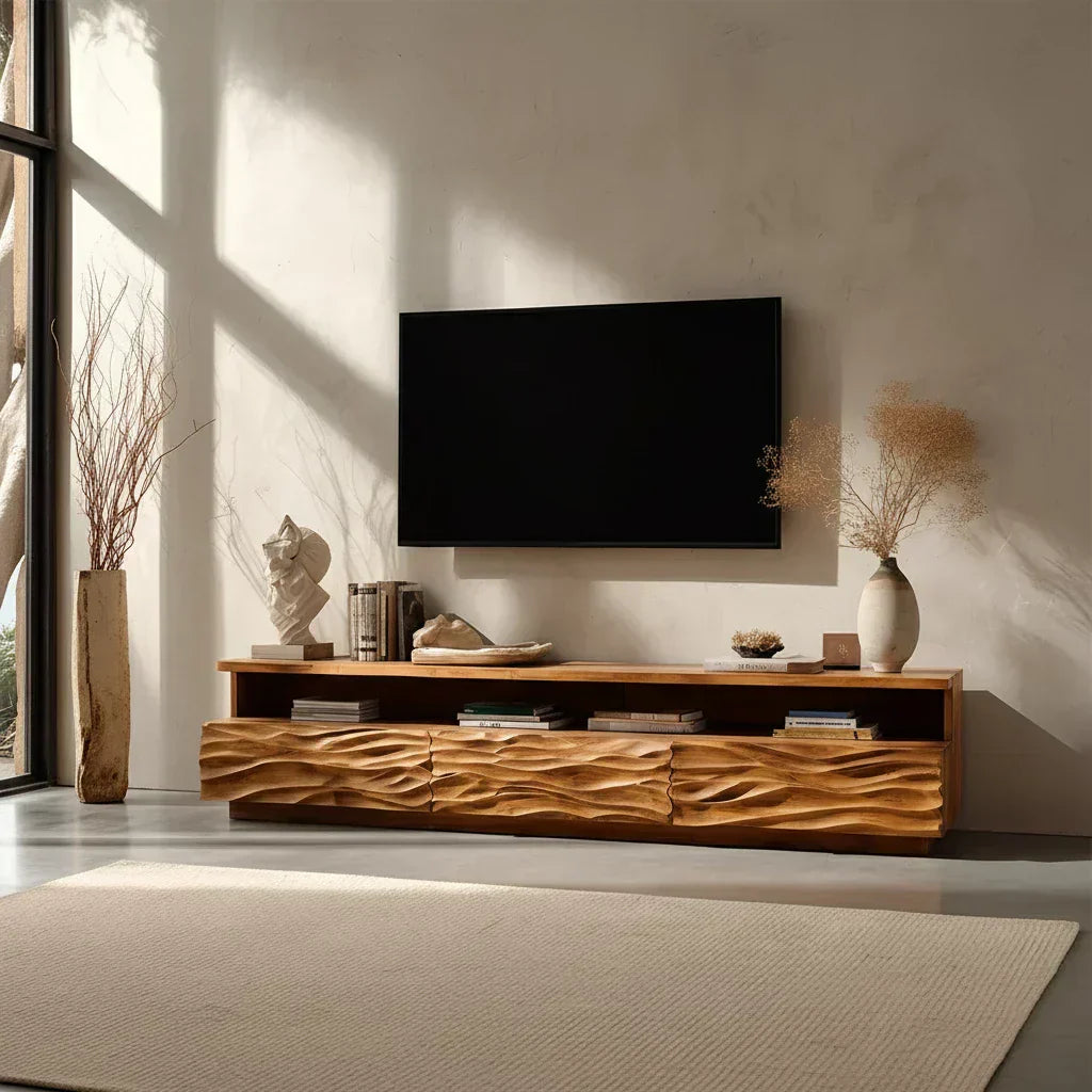 Hand-Sculpted Organic Wave Wood TV Stand — Natural Sunrise Finish - Rustiracraft 