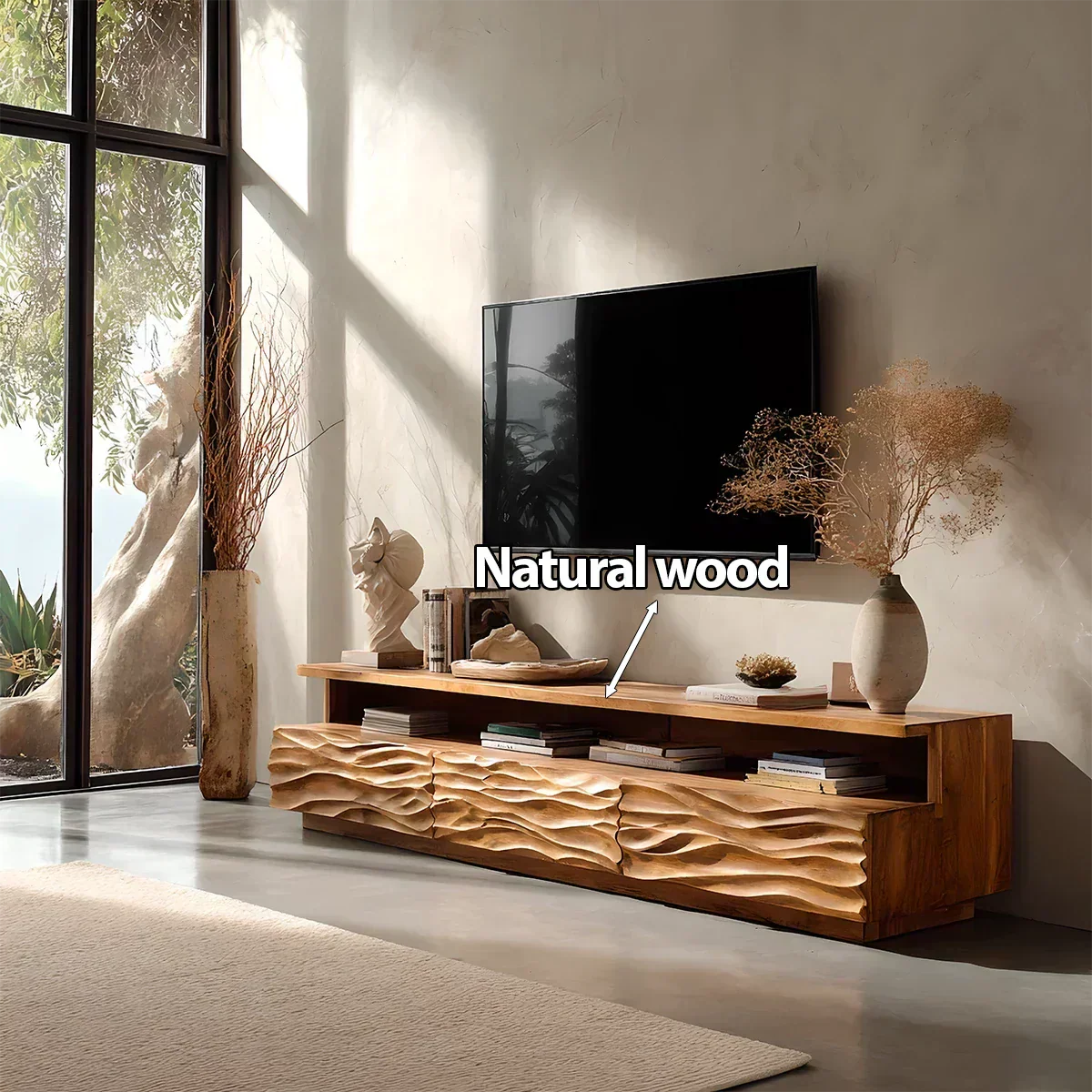 Hand-Sculpted Organic Wave Wood TV Stand — Natural Sunrise Finish - Rustiracraft 