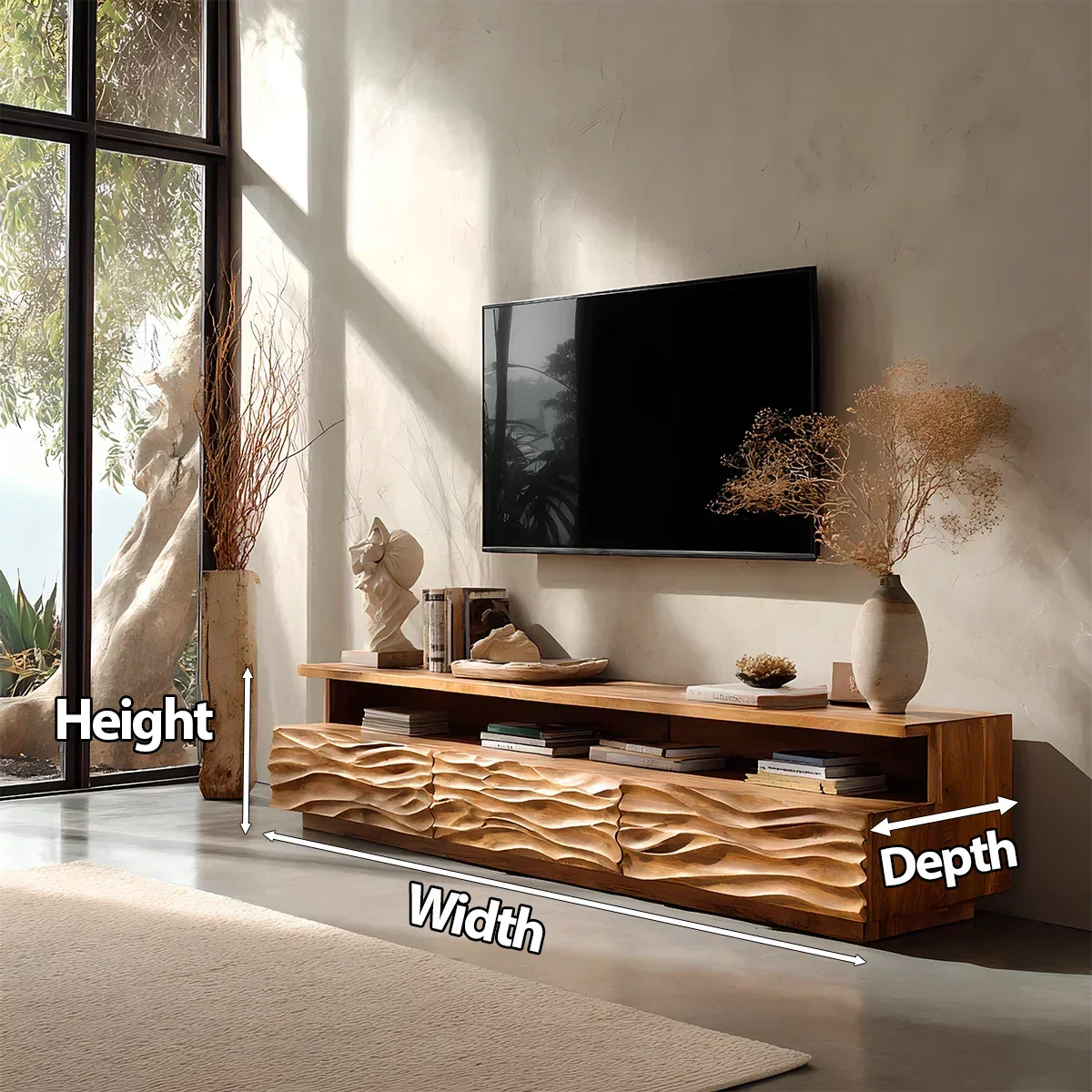Hand-Sculpted Organic Wave Wood TV Stand — Natural Sunrise Finish - Rustiracraft 