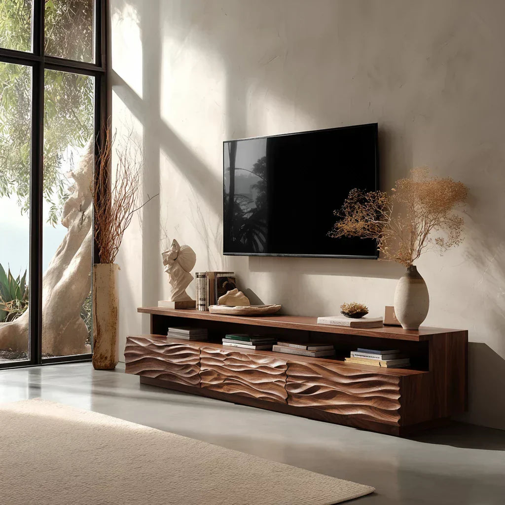 Hand-Sculpted Organic Wave Wood TV Stand — Natural Sunrise Finish - Rustiracraft 