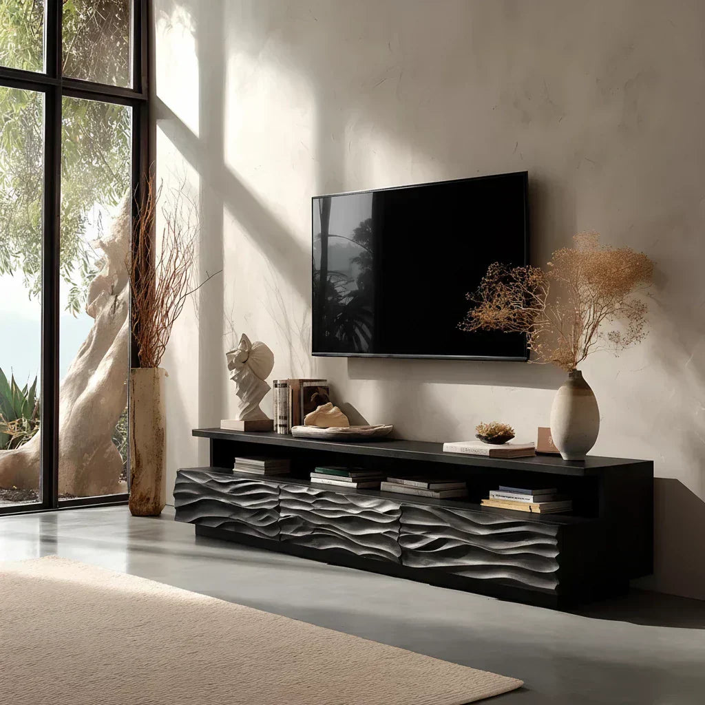 Hand-Sculpted Organic Wave Wood TV Stand — Natural Sunrise Finish - Rustiracraft 