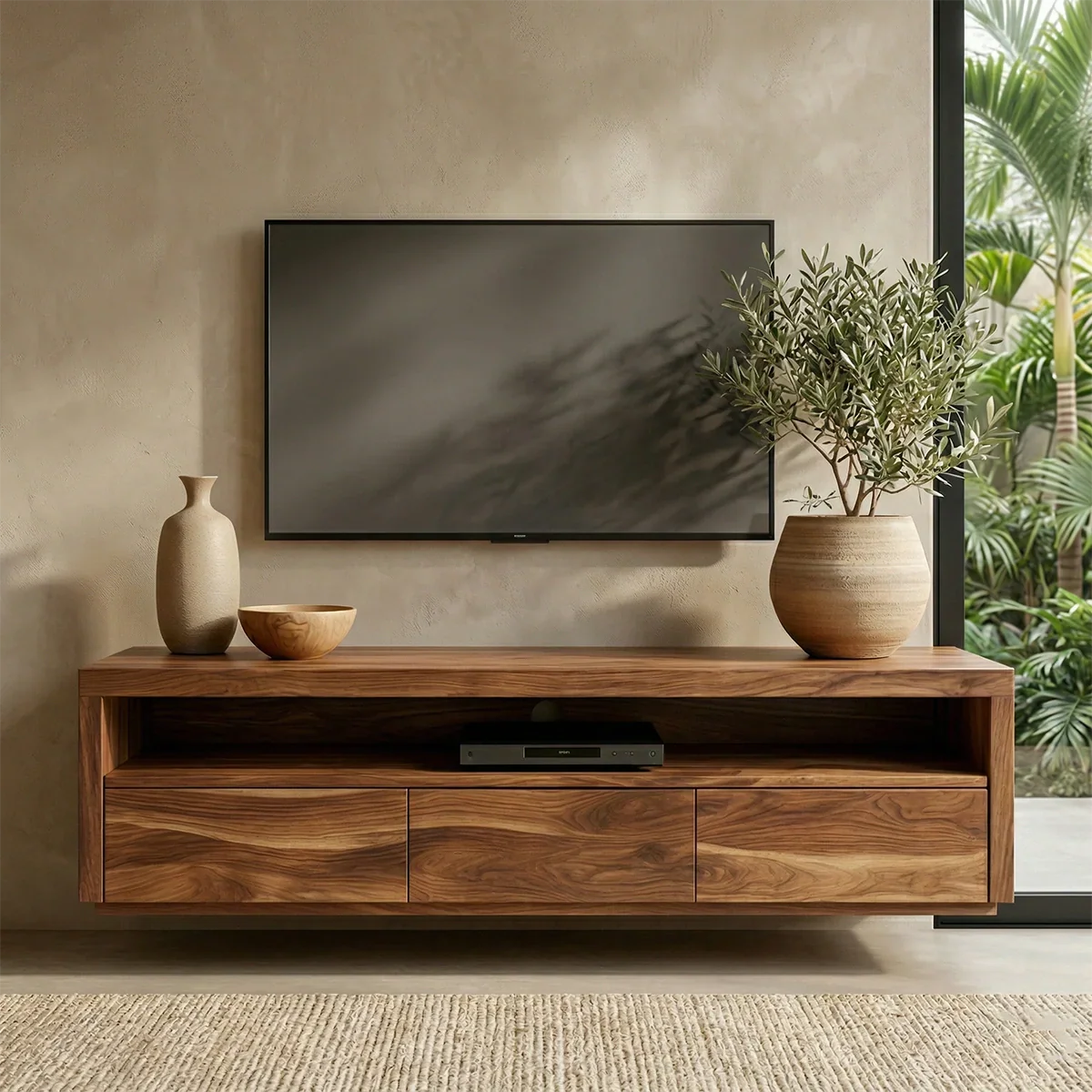 Handcrafted Floating Solid Wood TV Stand with Clean Lines and Hidden Storage Drawers - Rustiracraft 