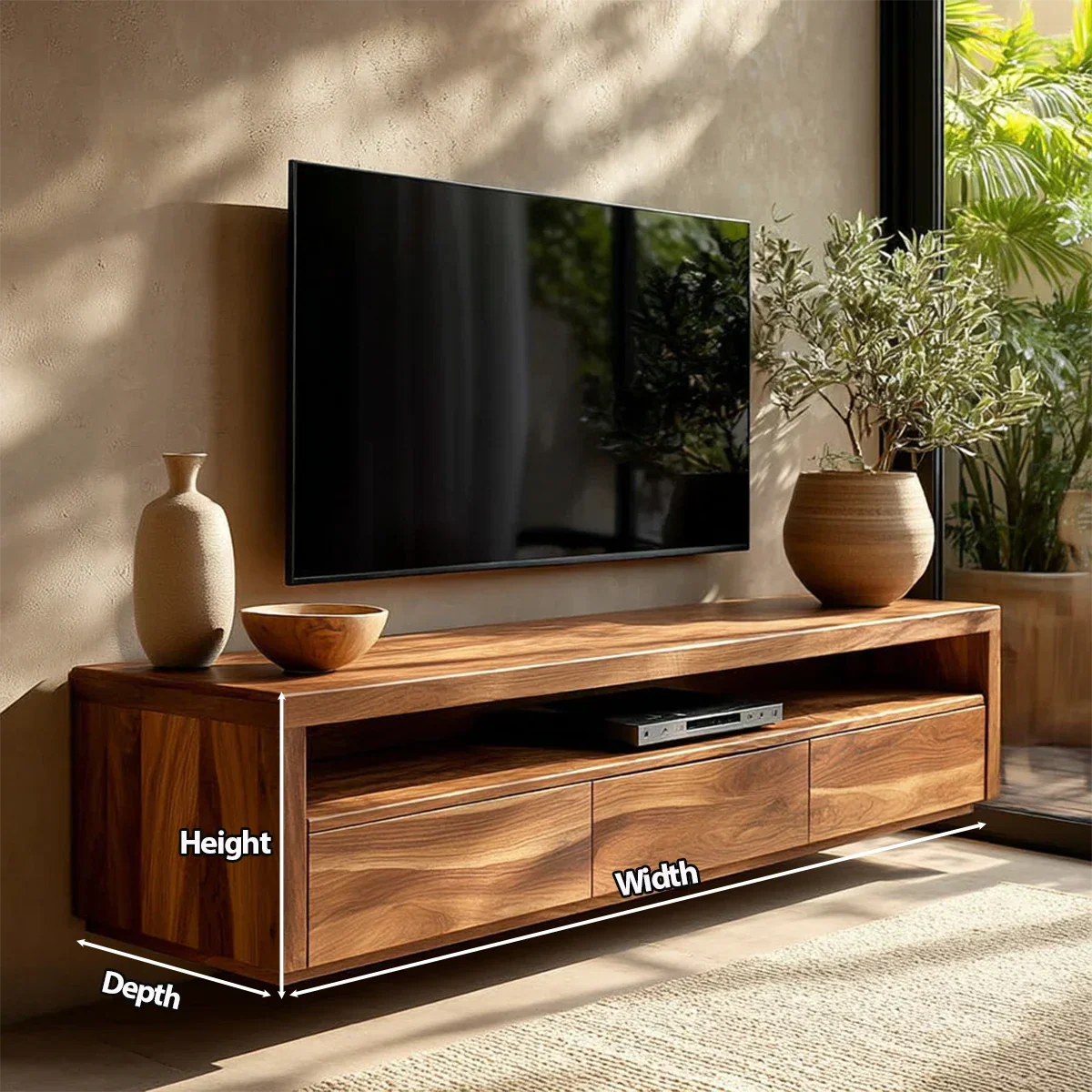 Handcrafted Floating Solid Wood TV Stand with Clean Lines and Hidden Storage Drawers - Rustiracraft 