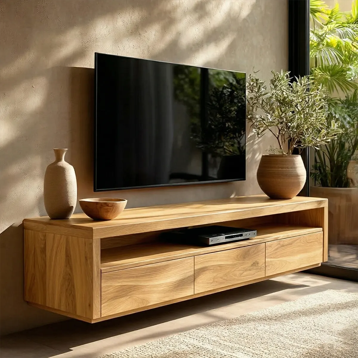 Handcrafted Floating Solid Wood TV Stand with Clean Lines and Hidden Storage Drawers - Rustiracraft 