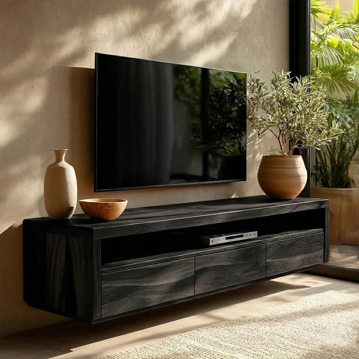 Handcrafted Floating Solid Wood TV Stand with Clean Lines and Hidden Storage Drawers - Rustiracraft 