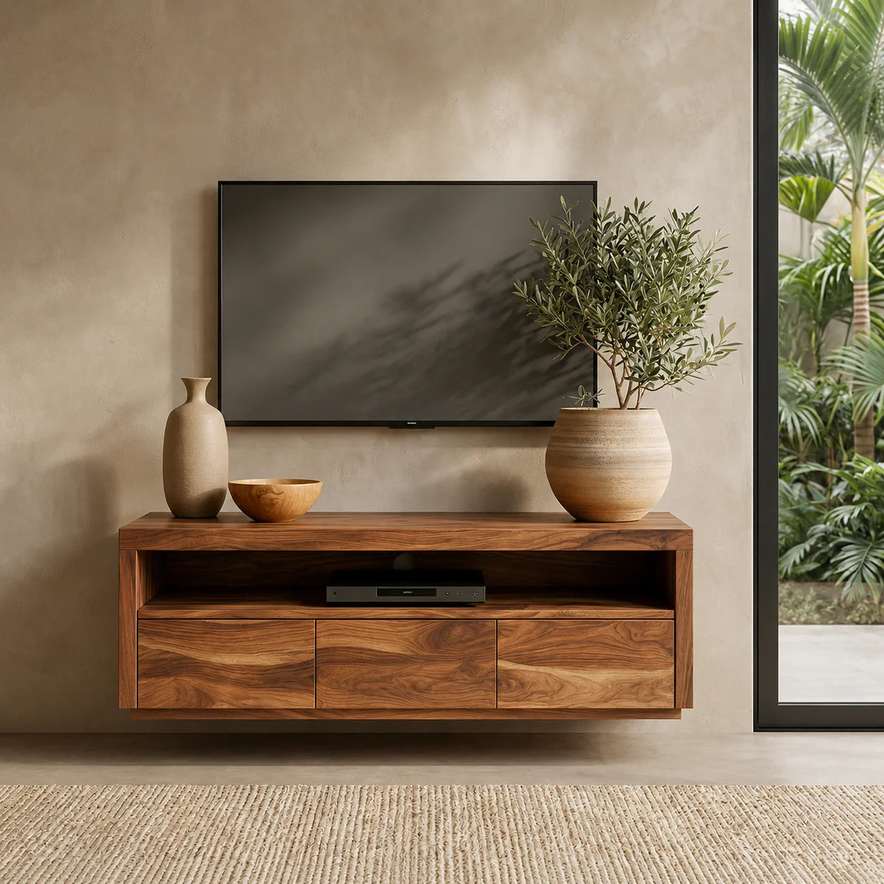Handcrafted Floating Solid Wood TV Stand with Clean Lines and Hidden Storage Drawers - Rustiracraft