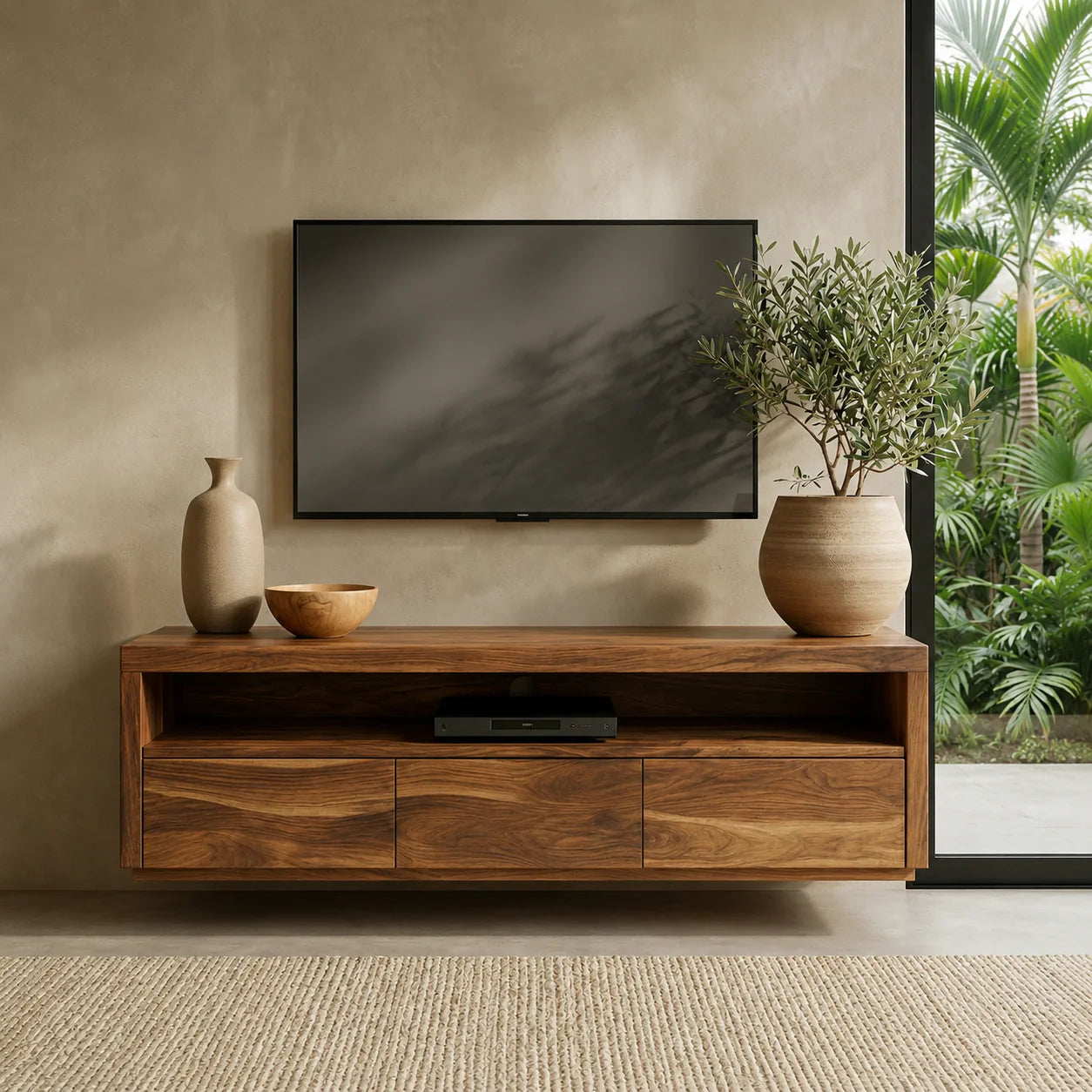 Handcrafted Floating Solid Wood TV Stand with Clean Lines and Hidden Storage Drawers - Rustiracraft