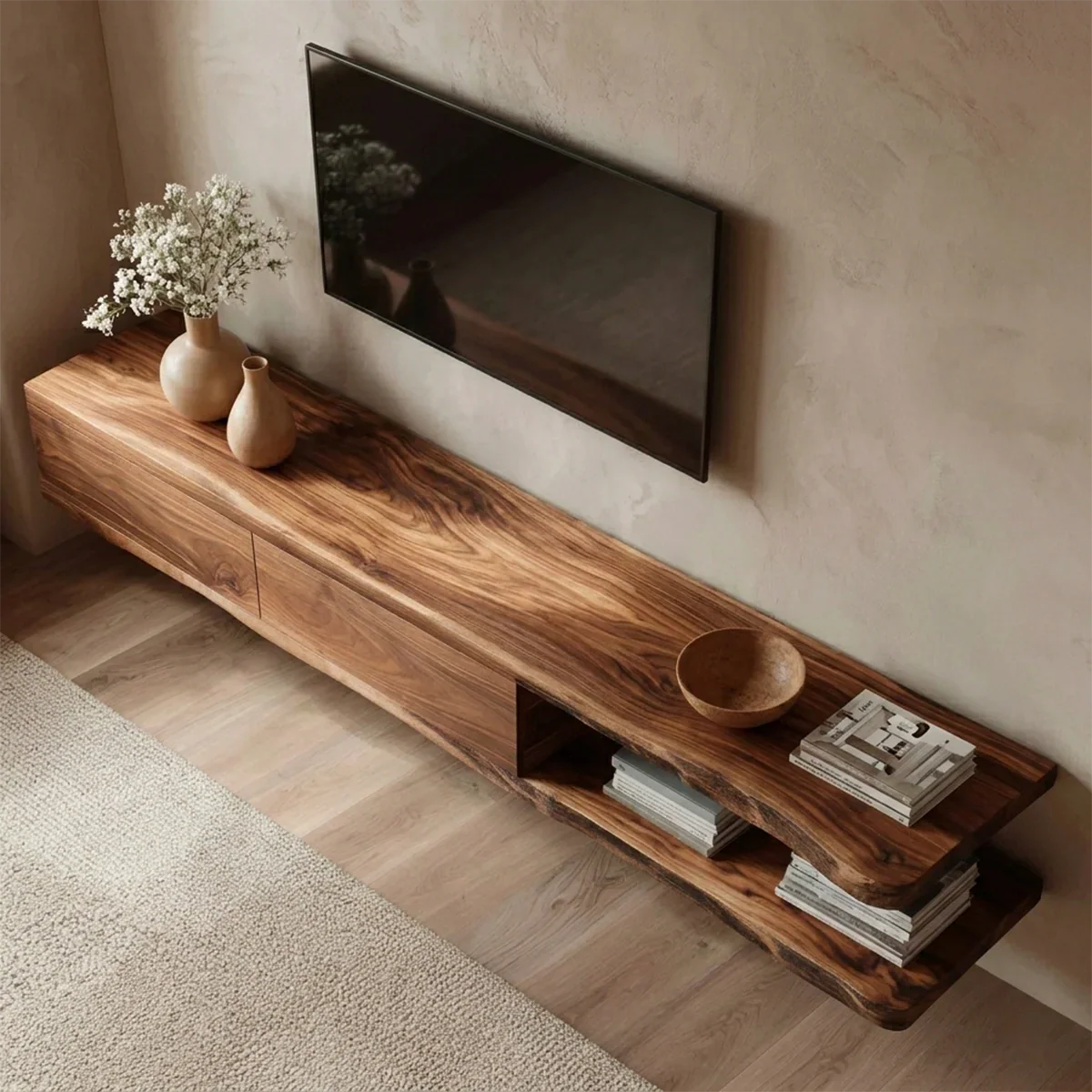 Handcrafted Floating Solid Wood TV Stand with Live Edge Shelves and Layered Storage - Rustiracraft 