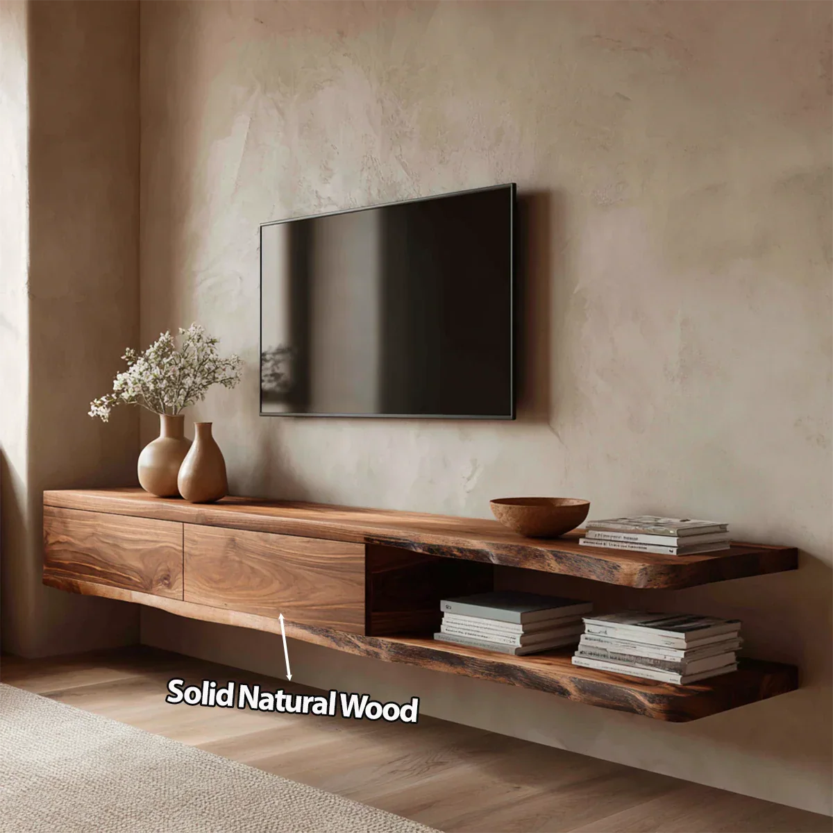 Handcrafted Floating Solid Wood TV Stand with Live Edge Shelves and Layered Storage - Rustiracraft 