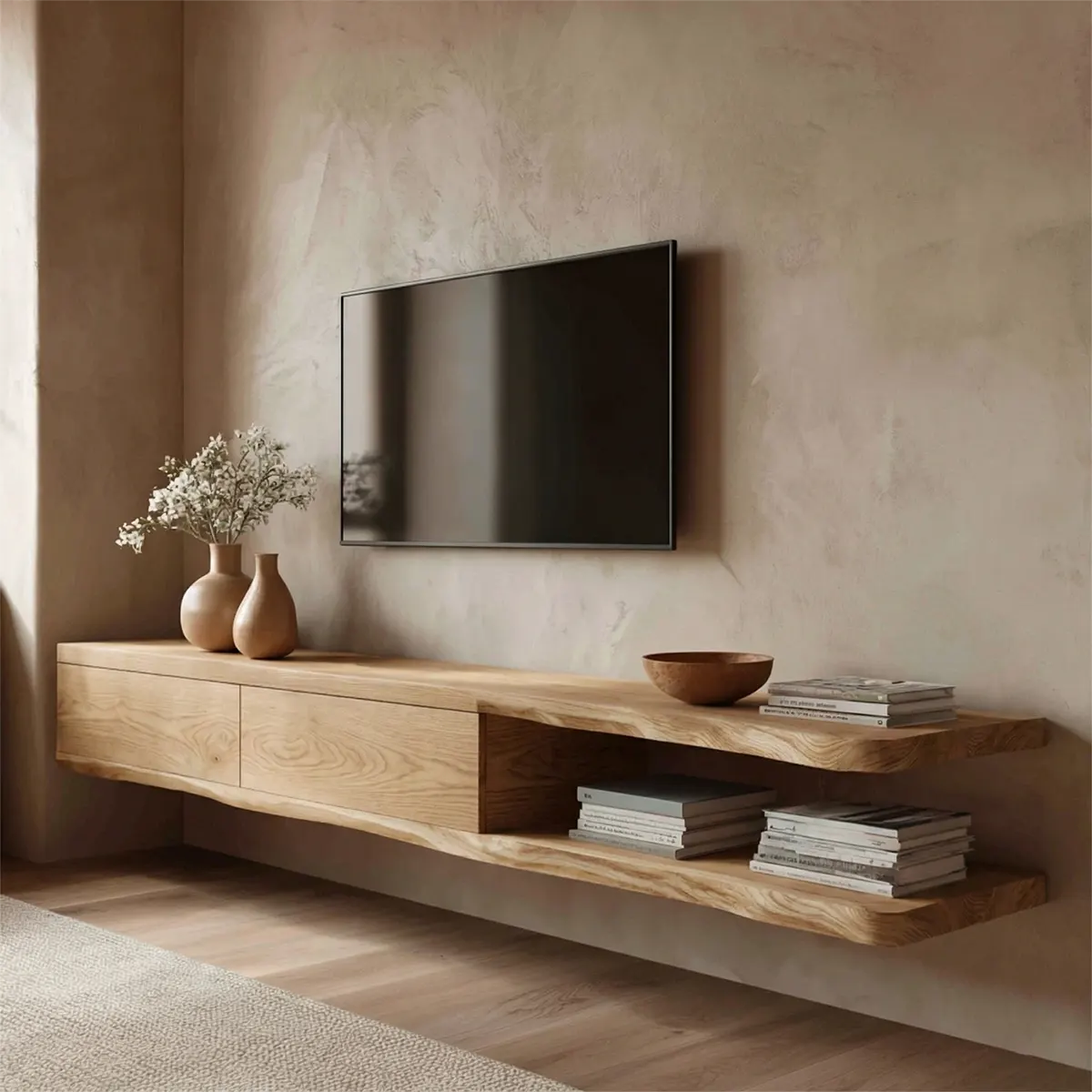 Handcrafted Floating Solid Wood TV Stand with Live Edge Shelves and Layered Storage - Rustiracraft 