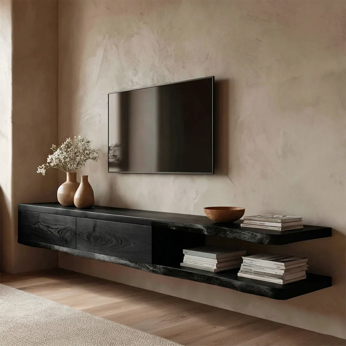 Handcrafted Floating Solid Wood TV Stand with Live Edge Shelves and Layered Storage - Rustiracraft 