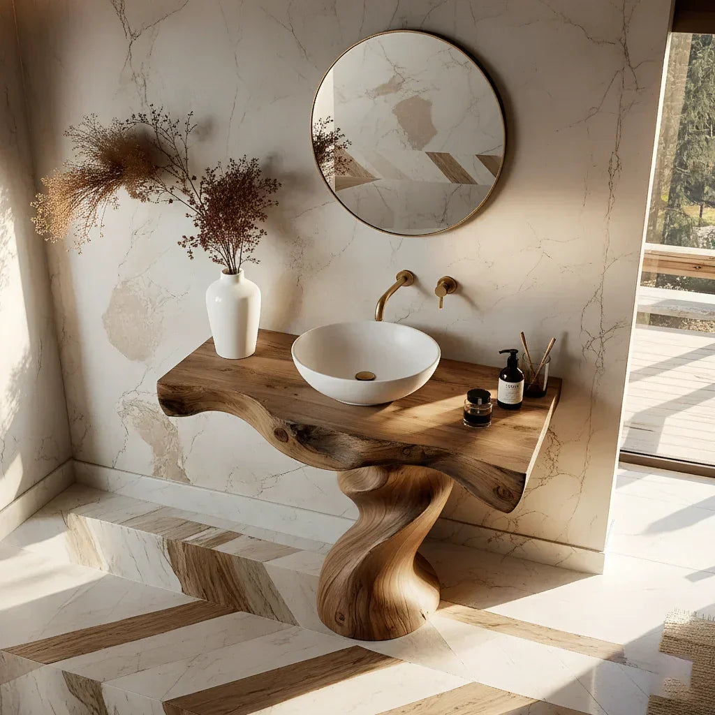 Handcrafted Live Edge Vanity with Sculpted Twisted Wood Base - Rustiracraft 