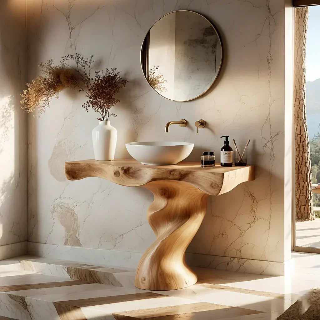 Handcrafted Live Edge Vanity with Sculpted Twisted Wood Base - Rustiracraft 