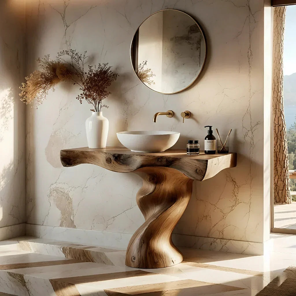 Handcrafted Live Edge Vanity with Sculpted Twisted Wood Base - Rustiracraft 